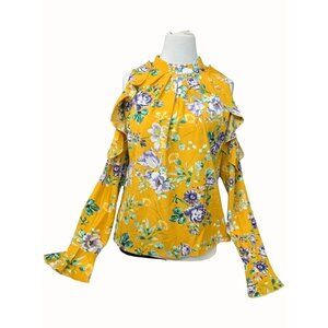 Shein yellow floral cold shoulder keyhole ruffle ruched polyester blouse large